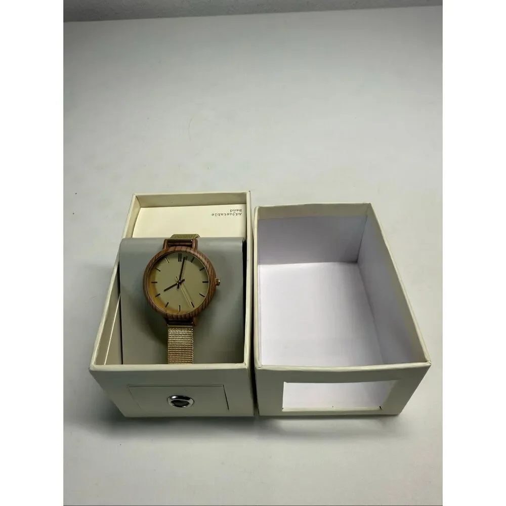 A New Day Women's Gold Quartz Watch Mesh Metal Band New Battery Faux Wood Trim